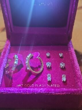 14 Kt Gold Falsh Plated  Hoop Earrings and Stud Set in Pink Velvet Box